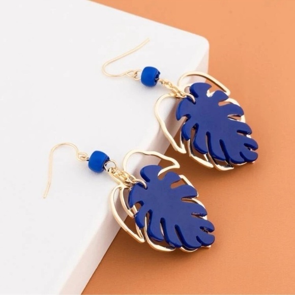 1 LEFT! Royal Blue & Gold Layered Leaf Earrings - Picture 5 of 5